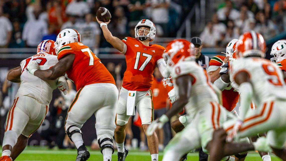 University of Miami quarterback Emory Williams (17) throws the ball during the second half of an ACC college football game against Clemson University at Hard Rock Stadium in Miami Gardens, Florida, on Saturday, October 21, 2023.