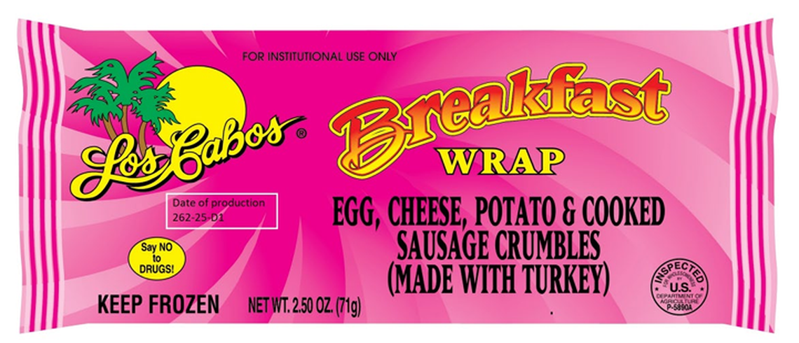 Los Cabos Egg, Cheese, Potato & Cooked Sausage Crumbles (Made with Turkey) Breakfast Wrap.
