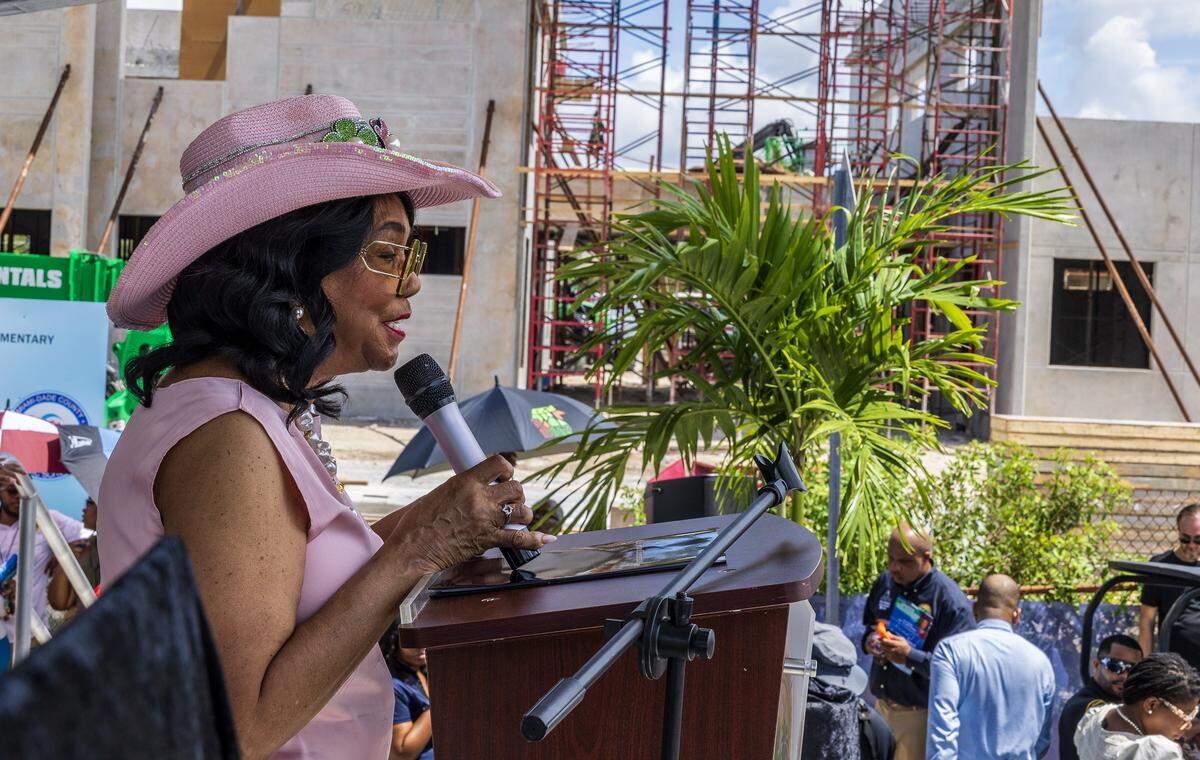U.S. Rep. Frederica Wilson announces that she will not be seeking re-election in the midterm election, during a street naming event next to the Dr. Frederica S. Wilson/Skyway Elementary School in Miami Gardens, in recognition of her decades of service to South Florida, on Friday, May 29, 2026.