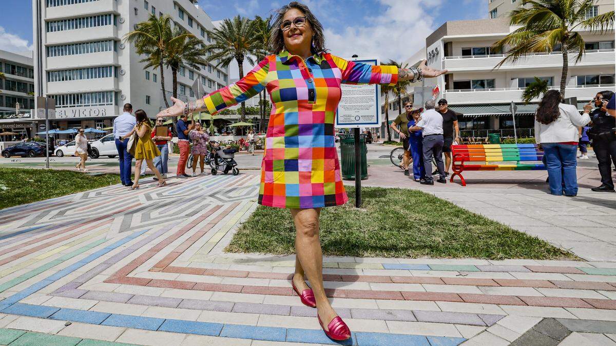 Miami Beach Commissioner Tanya K. Bhatt walks on the rebuilt LGBTQ+ crosswalk made of 3,606 colorful pavers that have been installed and unveiled at Lummus Park on Friday, April 10, 2026. The installation was created less than six months after the Florida Department of Transportation removed the original crosswalk at 12th Street and Ocean Drive in Miami Beach, Florida.