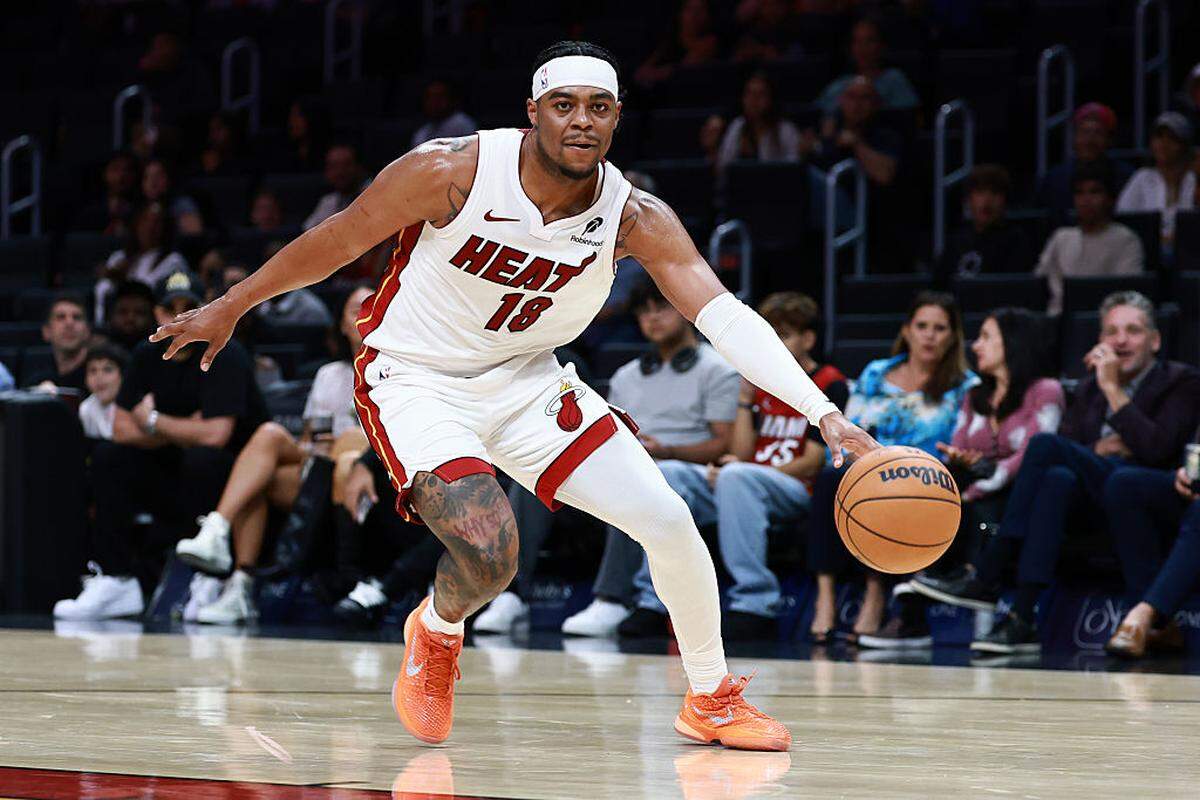 Trevor Keels of the Miami Heat in action at Kaseya Center on October 06, 2025 in Miami.