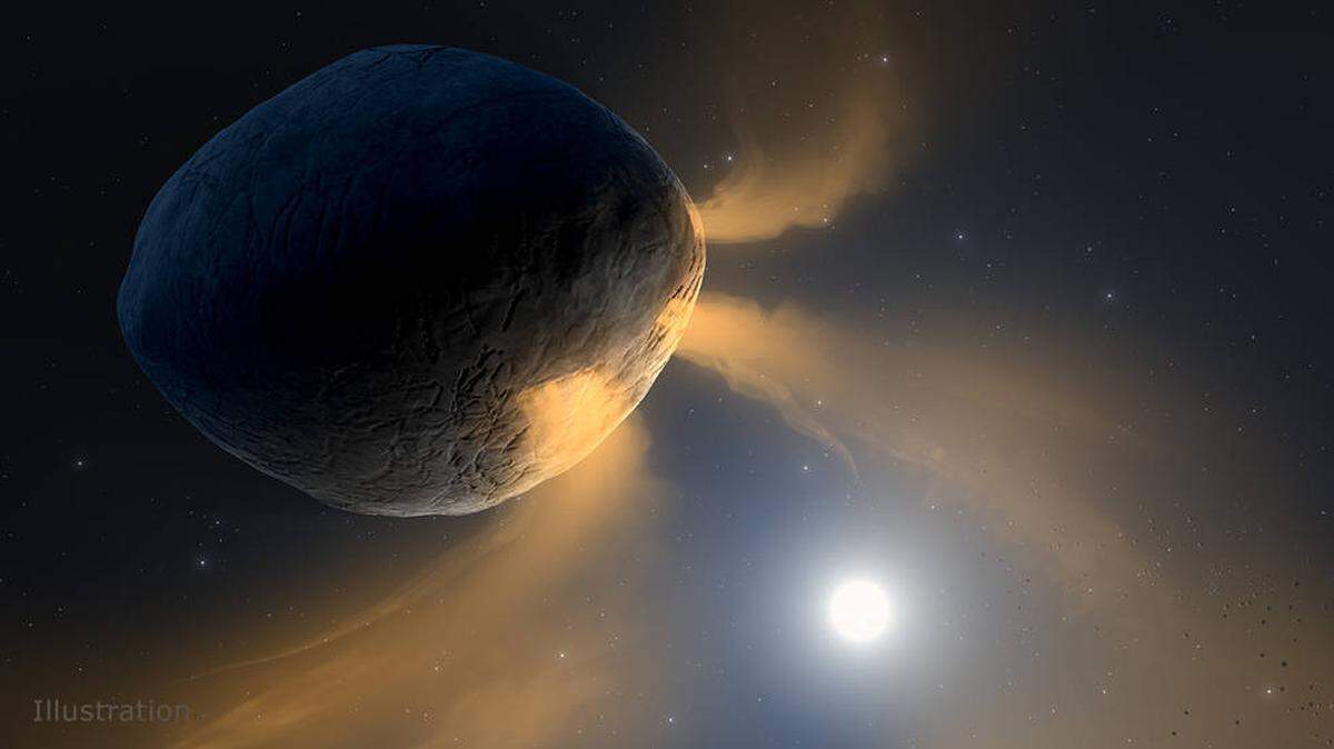 This illustration depicts asteroid Phaethon being heated by the Sun. The asteroid’s surface gets so hot that sodium inside Phaethon’s rock likely vaporizes and vents into space, causing it to brighten like a comet and form a tail. Credits: NASA/JPL-Caltech/IPAC