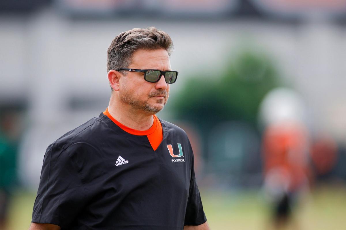 Miami Hurricanes offensive coordinator Shannon Dawson looks on during spring practice at the University of Miami in Coral Gables, Florida, Saturday, March 4, 2023.