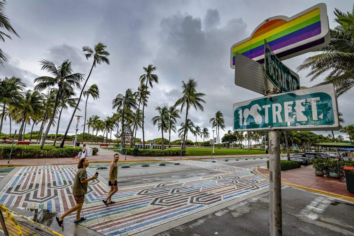 ‘The Rainbow Crosswalk’ designed by Savino Miller studio, is made from terrazzo pavers, arranged in an Art Deco pattern at the intersection of Ocean Drive and 12th Street in the Historic Art Deco District of Miami Beach, Florida and seen here on Friday, September 12, 2025.