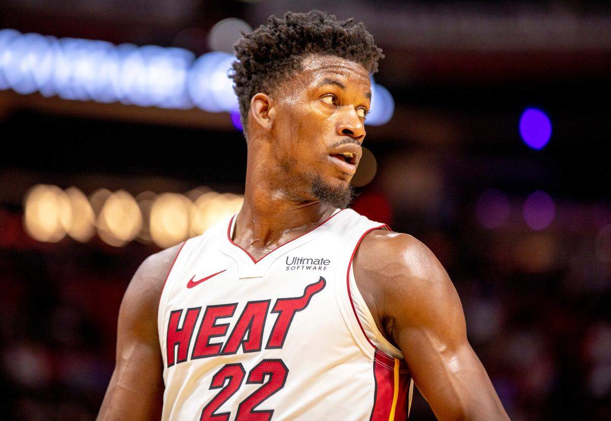 Heat small forward Jimmy Butler (22) during the first quarter of a preseason basketball game against Atlanta at AmericanAirlines Arena on Oct. 14, 2019.