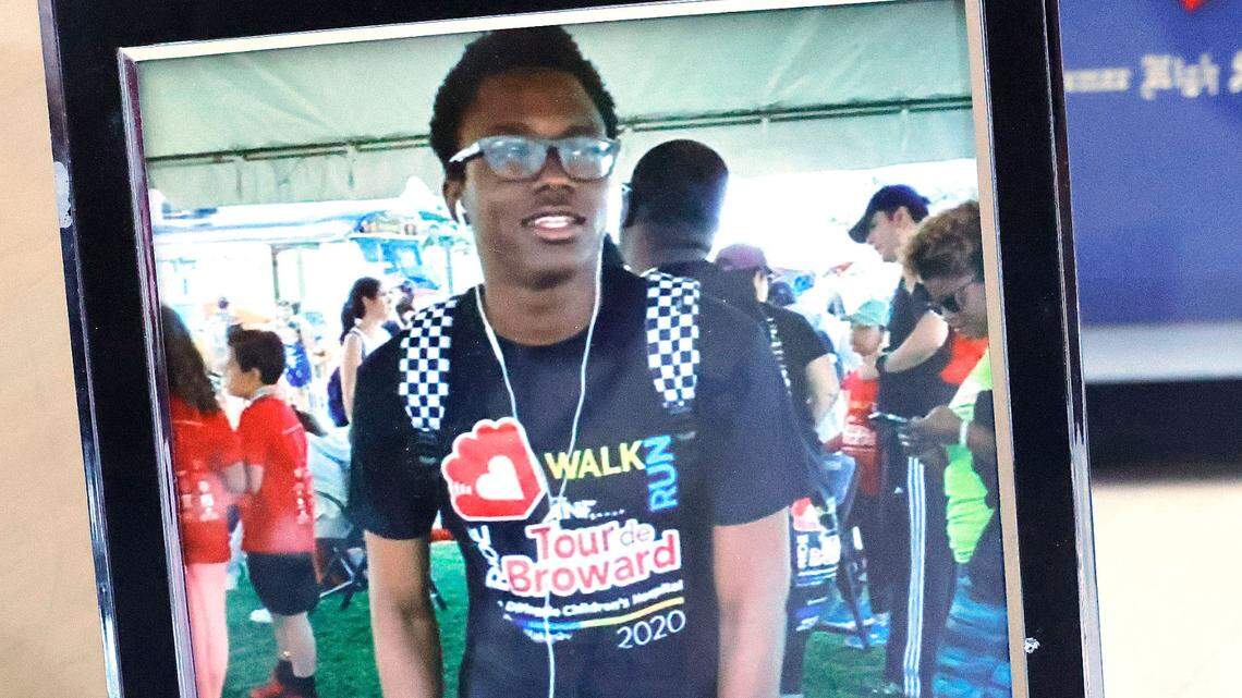 A picture of Dwight “DJ” Grant, on display during a plea hearing for two of the 3 teens who murdered him at the Broward County Courthouse in Fort Lauderdale on Thursday, August 29, 2024. The teens are charged with first-degree murder, tampering with evidence and criminal conspiracy. (Carline Jean/South Florida Sun Sentinel)