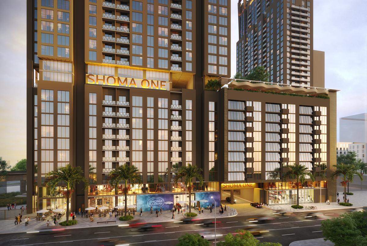 An architectural rendering shows the planned Shoma One commercial and residential project near the intersection of U.S. 1 and Bird Road and the Douglas Road Metrorail Station. The project includes two 40-story apartment towers and a food hall.
