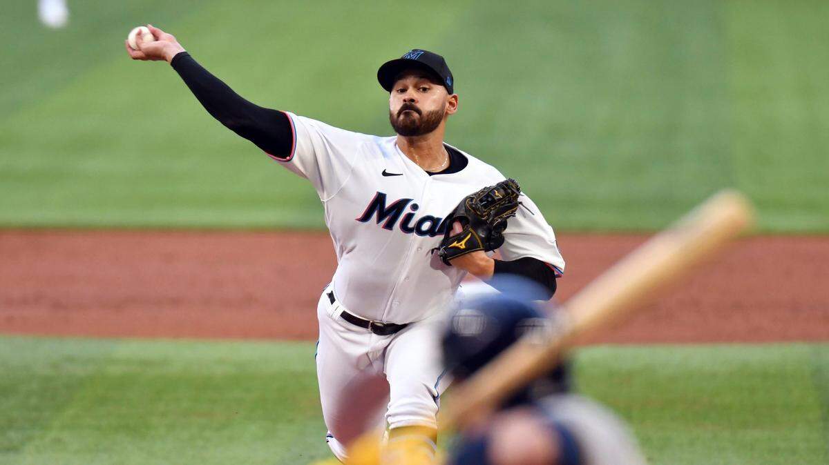 Miami Marlins pitcher Pablo Lopez delivers during the second inning of the team’s baseball game against the Milwaukee Brewers, Friday, May 13, 2022, in Miami. (AP Photo/Jim Rassol)