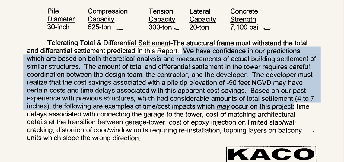 In the 2005 geotechnical reports for Trump Tower I & III, engineers from Kaderabek Company describe their confidence in predicting settlement. In ensuing years, the tone would change in most geotech reports, with engineers underlining certainty surrounding their estimates. 