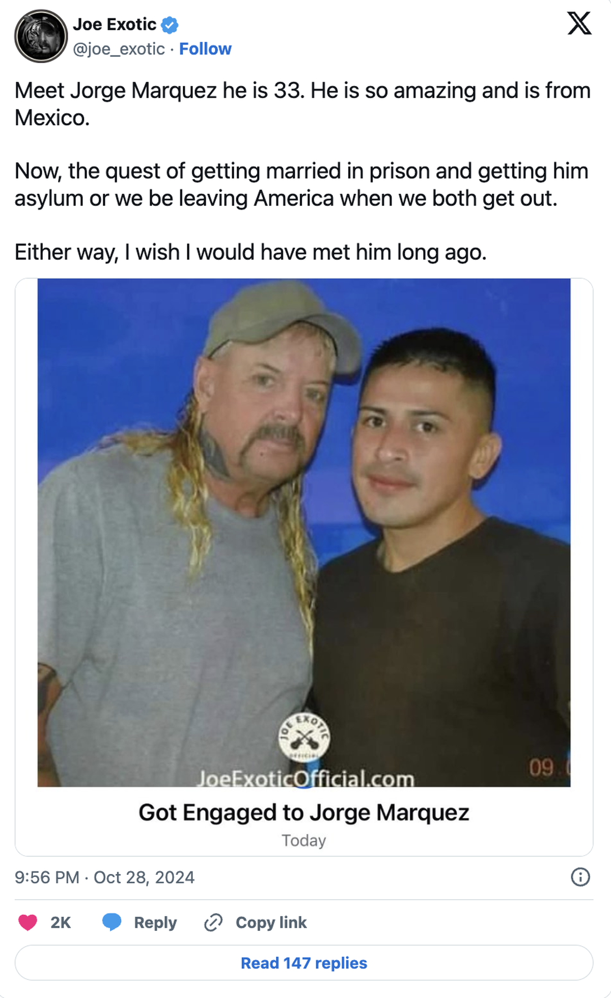 Joe Exotic says he’s engaged to fellow inmate.