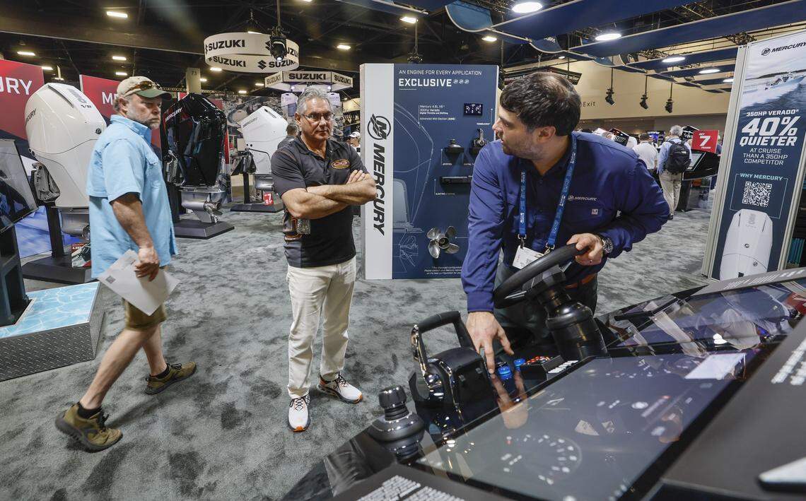 Will Nicklas demonstrates the Mercury keyless helm display at the Miami Beach International Boat Show in the Miami Beach Convention Center on Miami Beach, Florida on Thursday, February 12, 2026