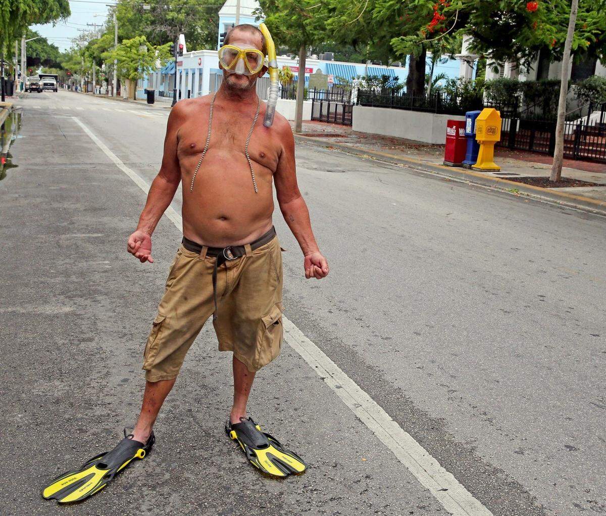 Raymond Captain is prepared to rescue people as he stands on Duval Street in Key West on Sept. 9, 2017. Hurricane Irma is approaching the Florida Keys and some residents refused to be evacuated.