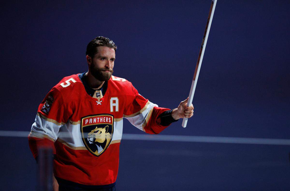 Florida Panthers defenseman Aaron Ekblad (5) skates after he’s honored as the second star of the game after the 5-1 win over the Washington Capitals during Game 2 of a first round NHL Stanley Cup series at FLA Live Arena on Thursday, May 5, 2022 in Sunrise, Fl.