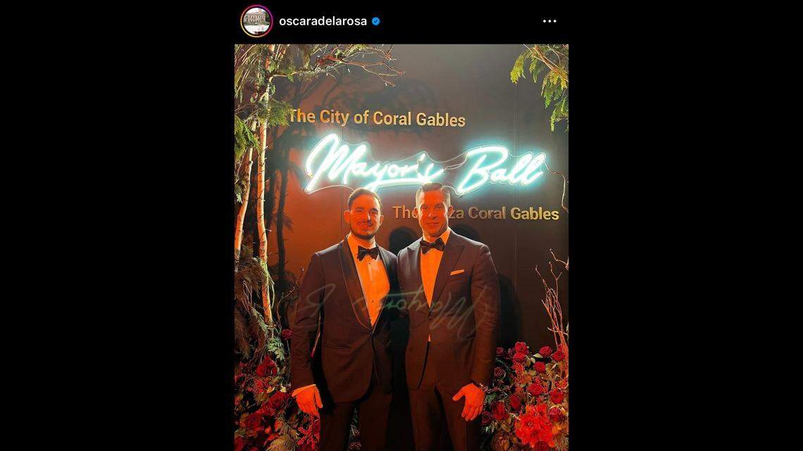 Oscar De La Rosa (left) poses with Vince Lago at the 2022 Coral Gables Mayor’s Ball.