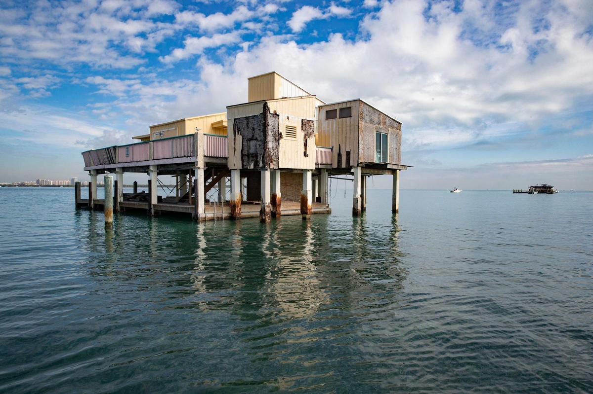 One of the six remaining wood stilt houses in historic Stiltsville, located one mile south of Cape Florida on Biscayne Bay on Friday, January 15, 2021.