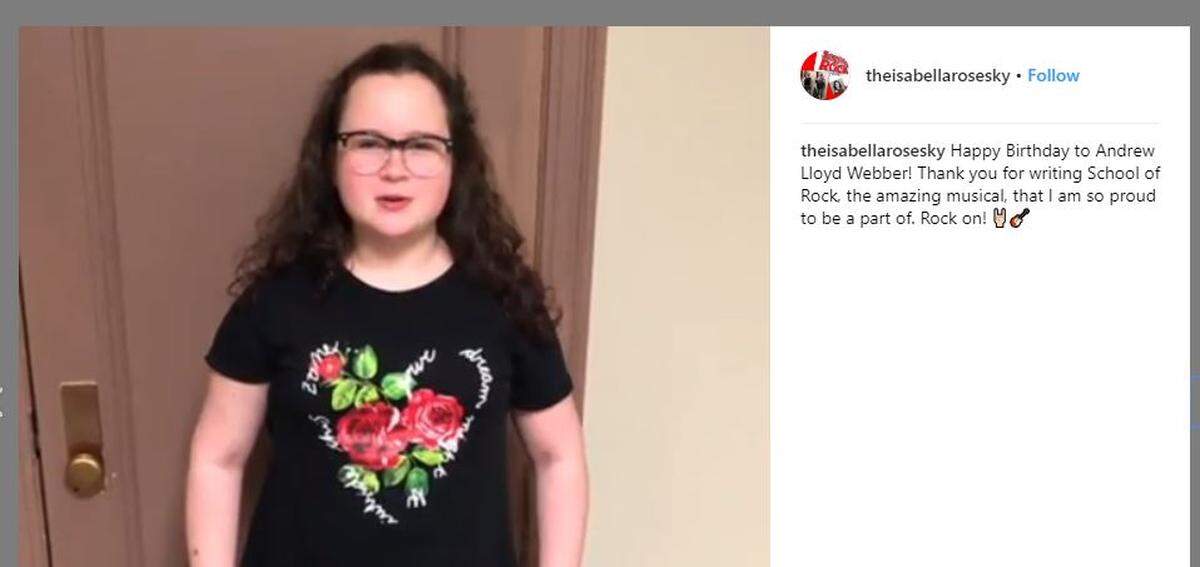 Isabella Rose Sky gives a shout-out to “School of Rock’ and its creator on her Instagram page.