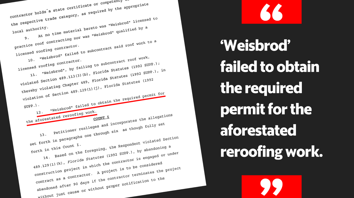 Page three of a 1995 administrative complaint filed by the Florida Department of Business and Professional Regulation against general contractor Alfred Weisbrod over his work on a roof repair project.