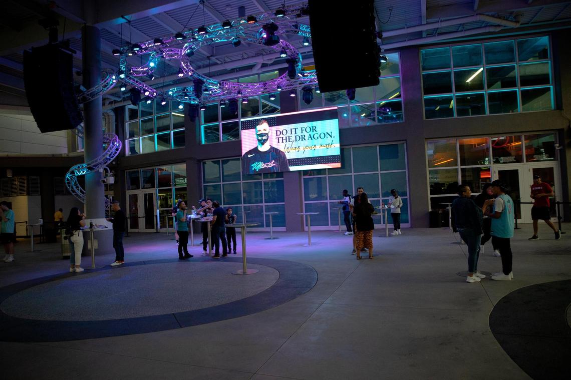 Fans at the East Plaza before the start of an NBA basketball game between the Miami Heat against the Golden State Warriors at the AmericanAirlines Arena on Thursday, April 1, 2021 in Miami, Fl. The Heat increase the number of fans allowed to attend games at AmericanAirlines Arena to about 4,000 just about 20 percent of the building’s usual capacity of 19,600.