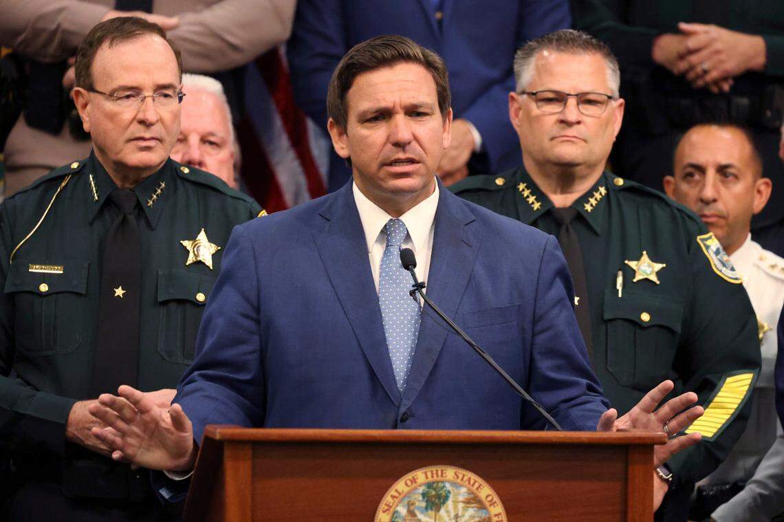 Gov. Ron DeSantis holds a news conference at the Polk County Sheriff’s Office in Winter Haven, Fla., on Monday, April 19, 2021.