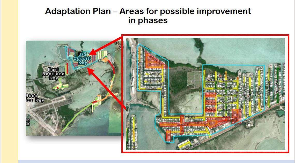 Sections marked red on this map of Big Coppitt Key indicate roads that could see more than 6 inches of flooding during King Tides as soon as 2025. Other roads won’t see flooding like that for several more years.