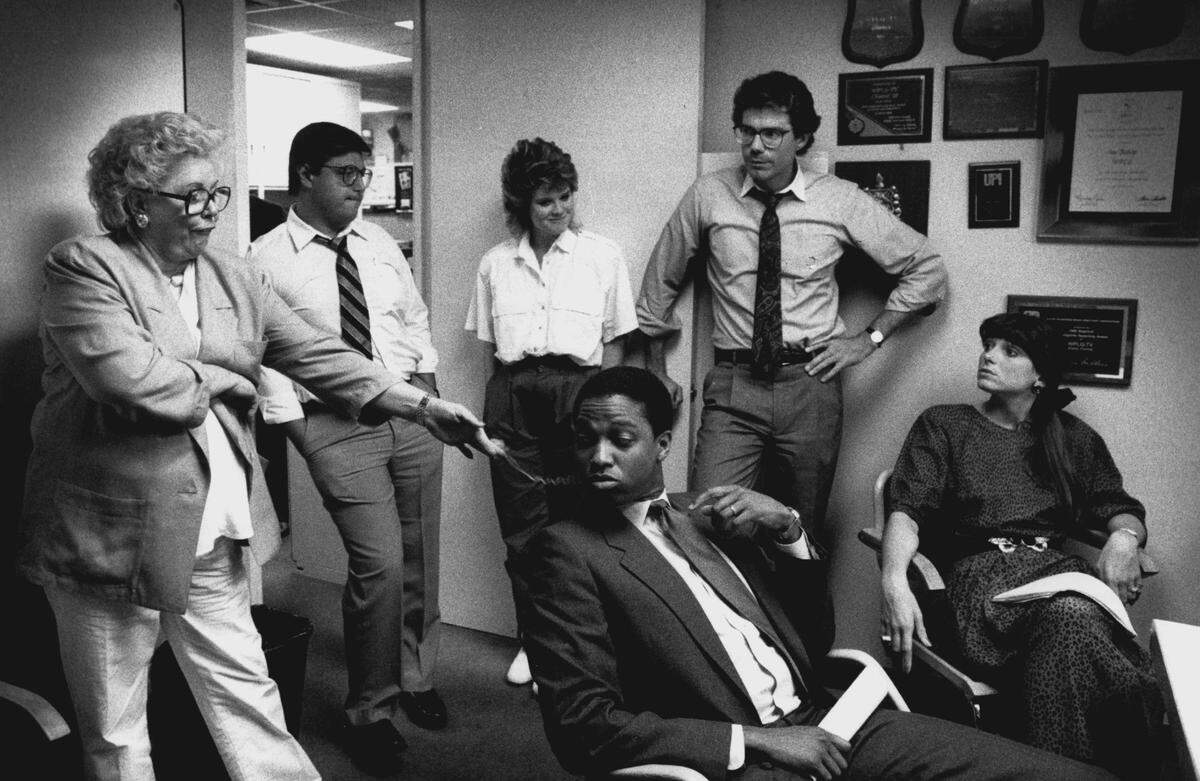 Ann Bishop at a news meeting at Channel 10 in 1990.