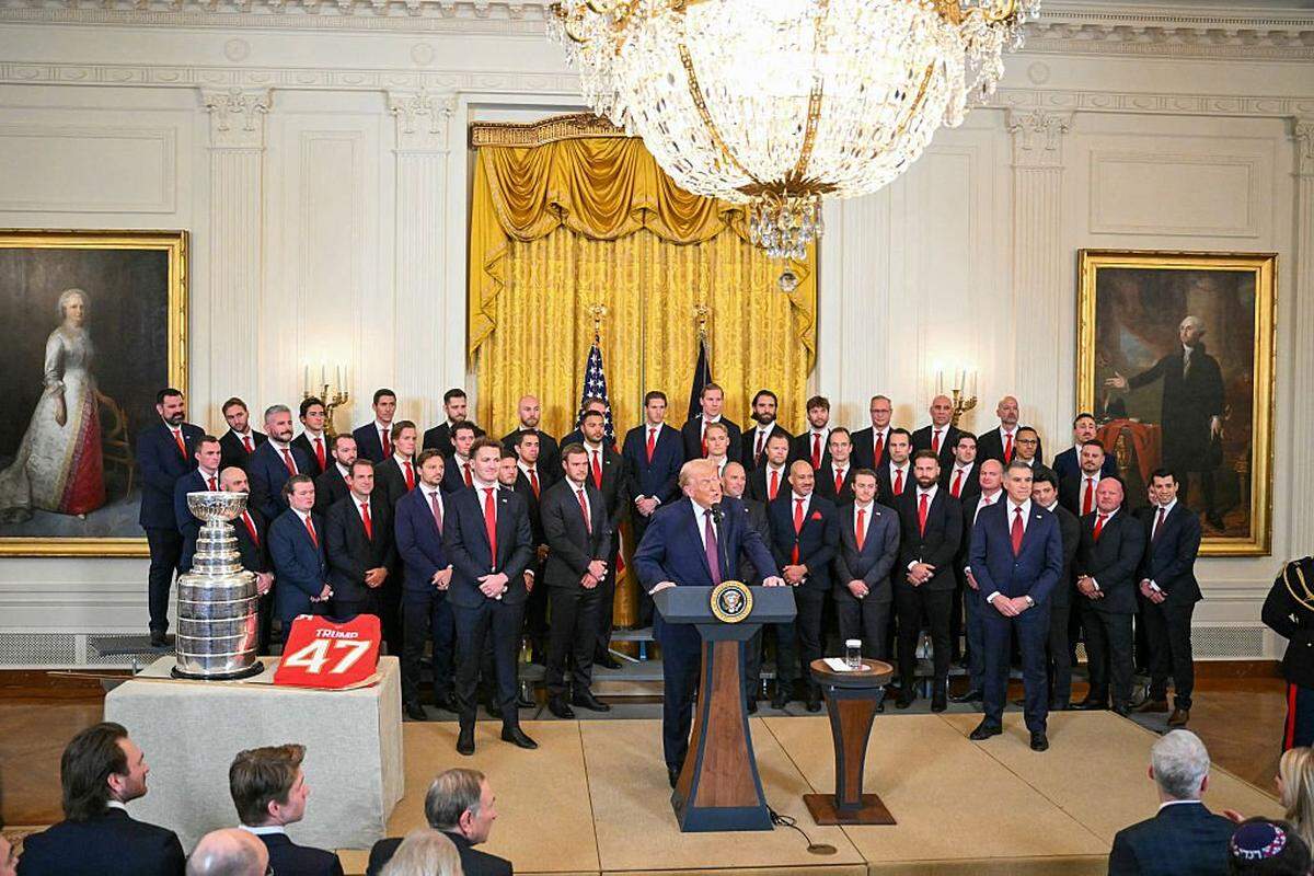 US President Donald Trump speaks during a ceremony to congratulate the Florida Panthers of the National Hockey League, winners of the 2025 Stanley Cup, in the East Room of the White House in Washington, DC on January 15, 2026. (Photo by Mandel NGAN / AFP via Getty Images)