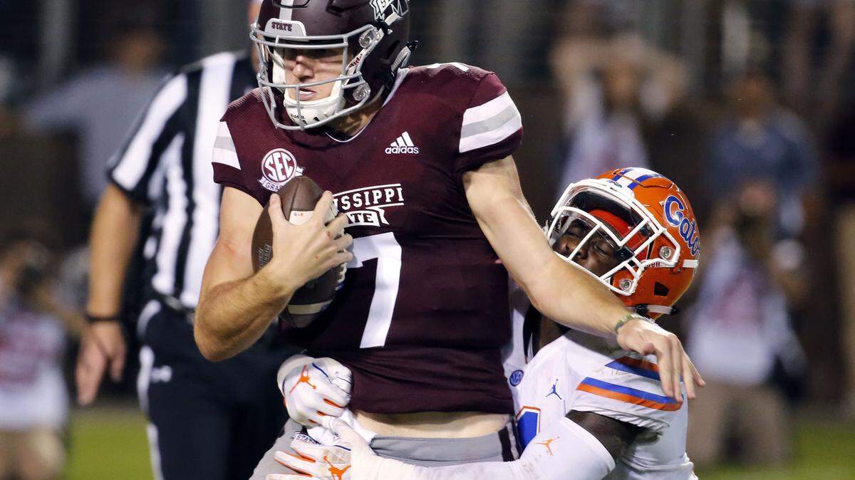 Mississippi State quarterback Nick Fitzgerald (7) is tackled for a loss by Florida linebacker Vosean Joseph (11) during the second half of an NCAA college football game in Starkville, Miss., Saturday, Sept. 29, 2018. Florida won 13-6.