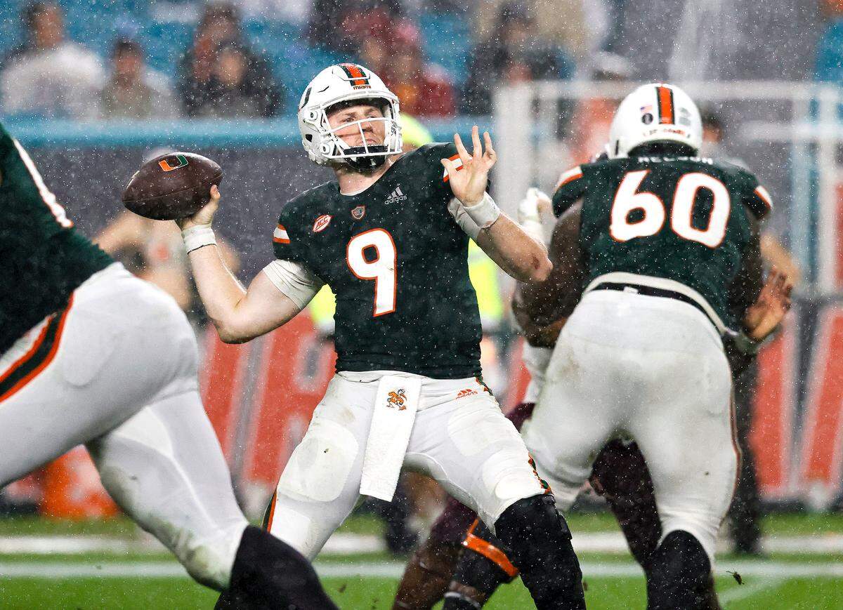 Miami Hurricanes quarterback Tyler Van Dyke (9) sets up to pass during the fourth quarter of their ACC football game against the Virginia Tech Hockies at Hard Rock Stadium on Saturday, November 20, 2021 in Miami Gardens, Florida.
