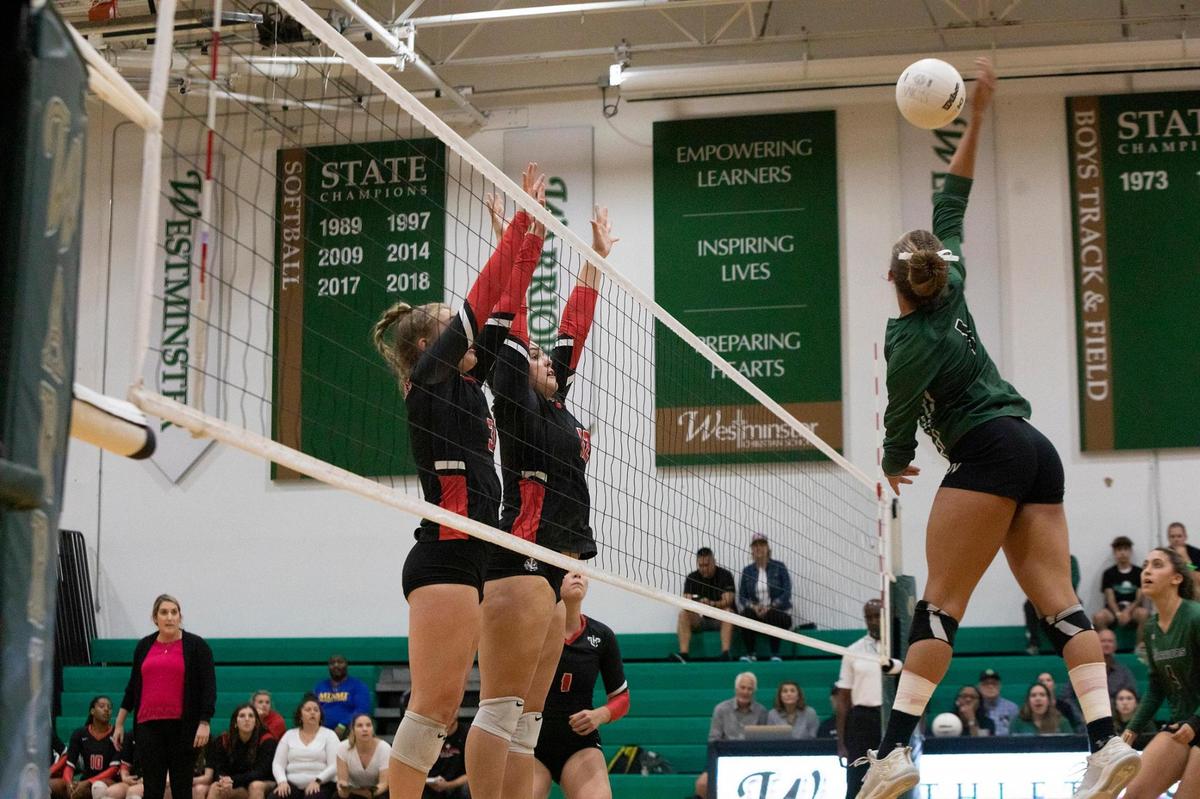 Westminister #1 Emily Matias fights the ball on Westminster Christian’s state semifinal volleyball against Lake Highland Preparatory School match at Westminster Christian School, Palmetto Bay, on Friday November 4th., 2022.