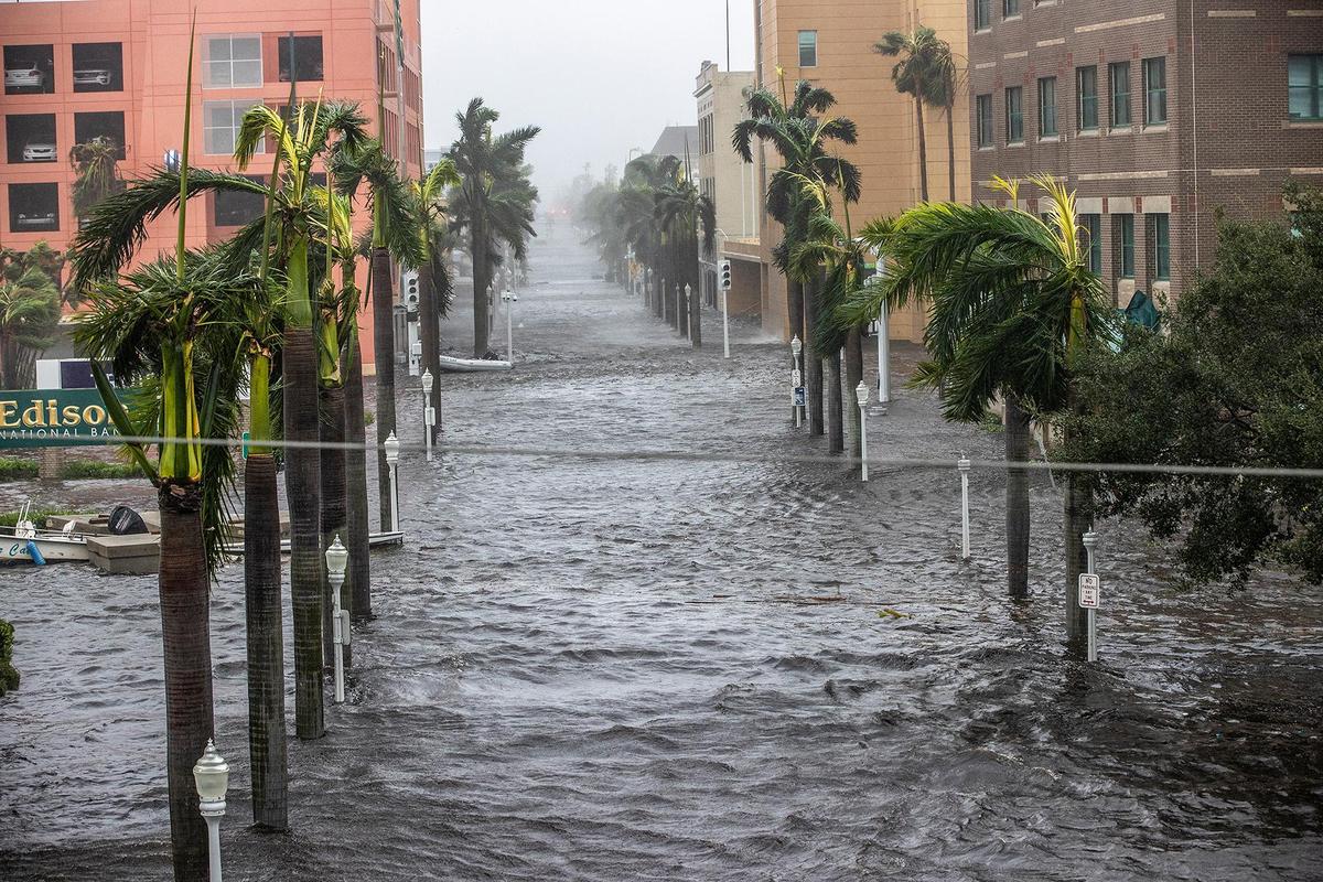 Streets of downtown Fort Myers flooded due to the surge of the Caloosahatchee River as Hurricane Ian hits the west coast of Florida as a Category 4 storm on Wednesday, Sept. 28, 2022.