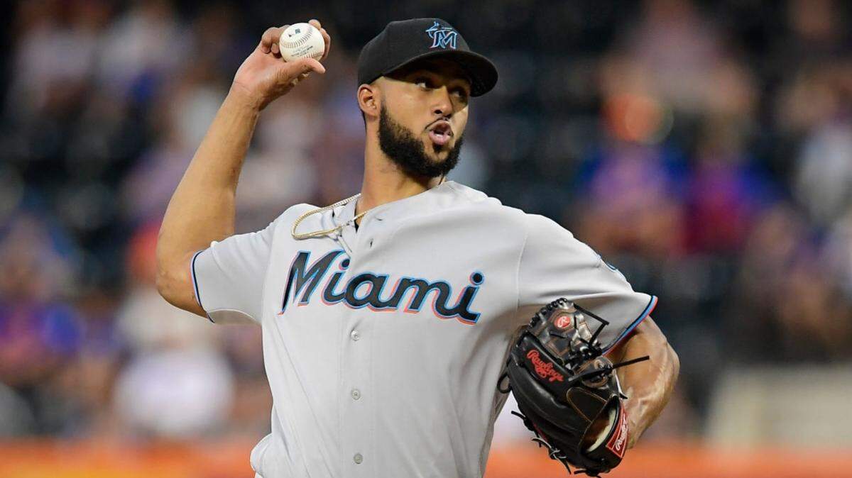 The Miami Marlins’ Sandy Alcantara pitches in the first inning against the New York Mets at Citi Field in the second game of a doubleheader on Monday, Aug. 5, 2019.