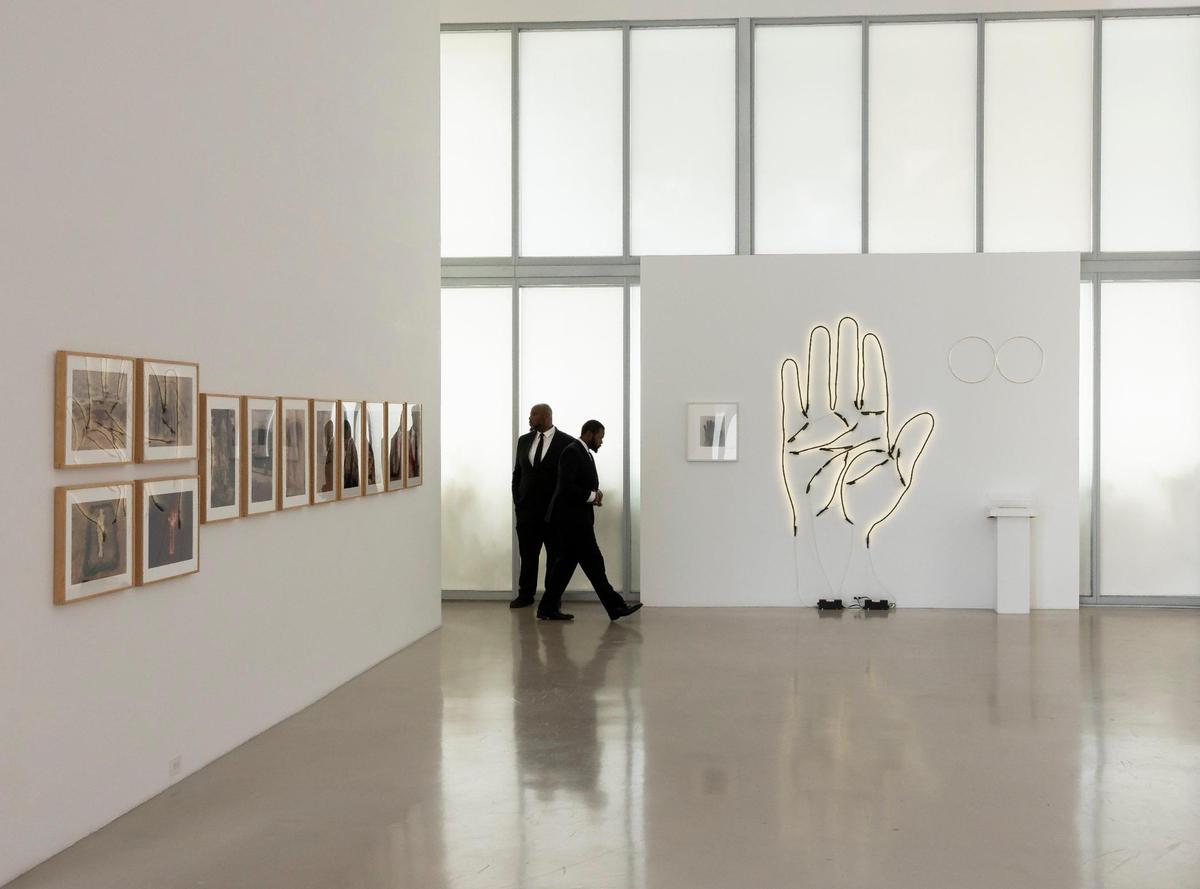 From left to right: Artwork by Ana Mendieta, Glenn Ligon and Félix González-Torres are on display at the de la Cruz Collection on Monday, April 8, 2024, in Miami, Florida. Works that were owned by Rosa de la Cruz will soon be on sale following her death in February.