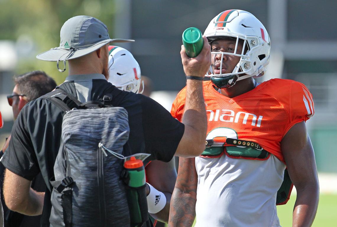 Miami Hurricanes tight end Brevin Jordan (9) drinking water practice at the University of Miami Greentree Practice Field in Coral Gables on Tuesday, September 10, 2019 in preparation for their home opener against The Bethune-Cookman Wildcats on Saturday at Hard Rock Stadium.