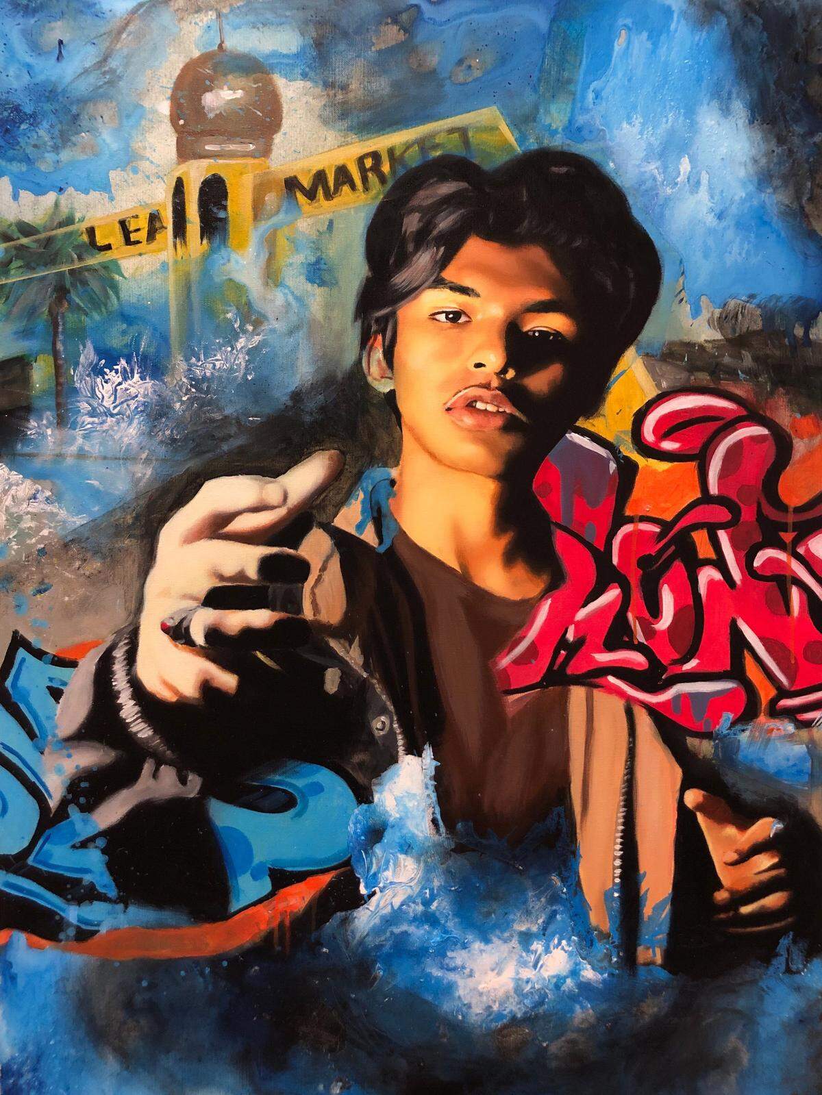 The Fund 4 Design Art Education Isaiah Scholarship winner Luis Aleman appears in his award-winning artwork that was part of the virtual Gallery of Light opening at Beth Or Temple.