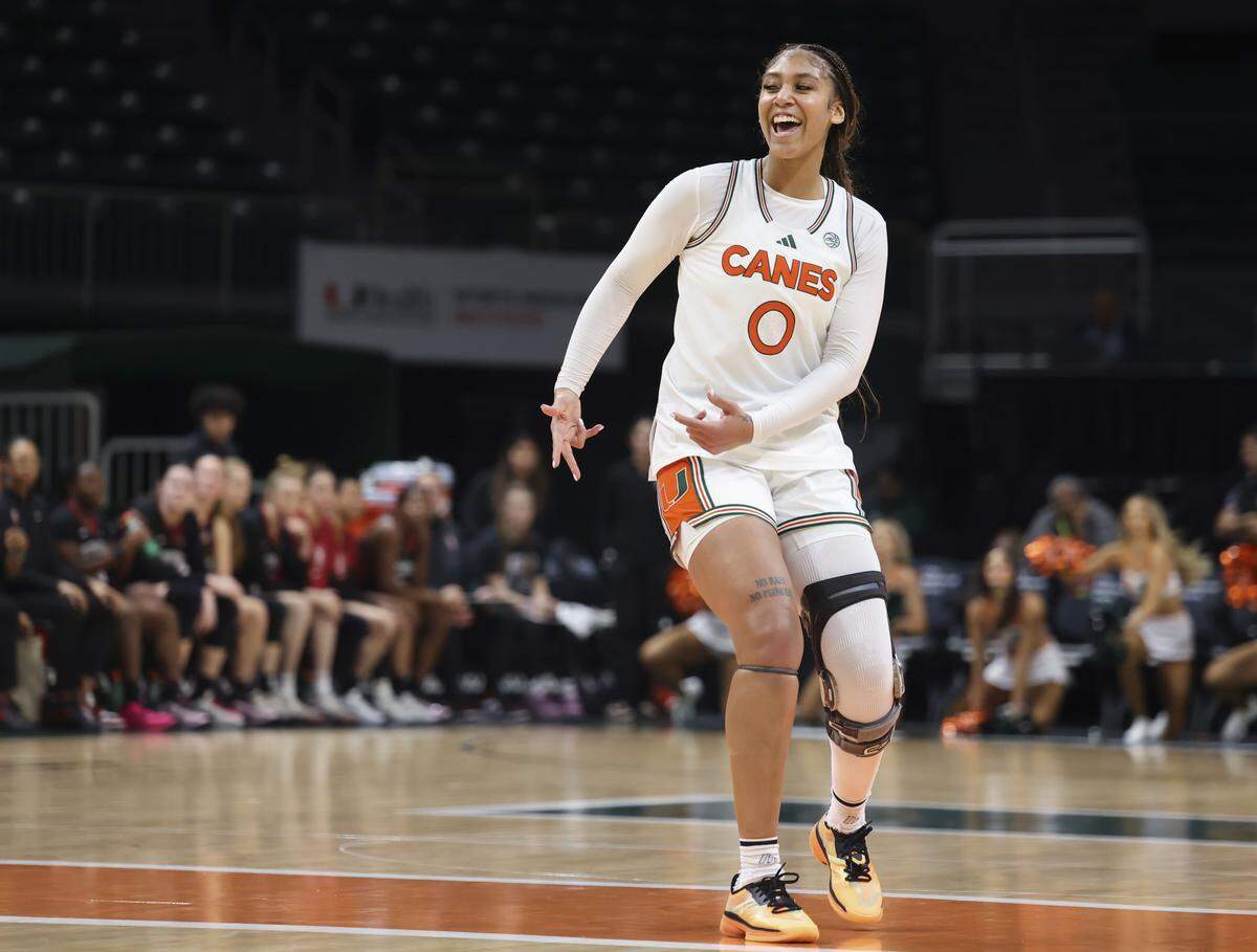 Miami Hurricanes center Ra Shaya Kyle (0) reacts after scoring during the second half of a game against the Stanford Cardinal on Thursday, Feb. 19, 2026, at Watsco Center in Coral Gables, Fla.