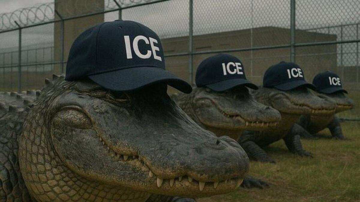An AI-generated meme of alligators wearing ICE hats at Alligator Alcatraz was shared by the U.S. Department of Homeland Security.