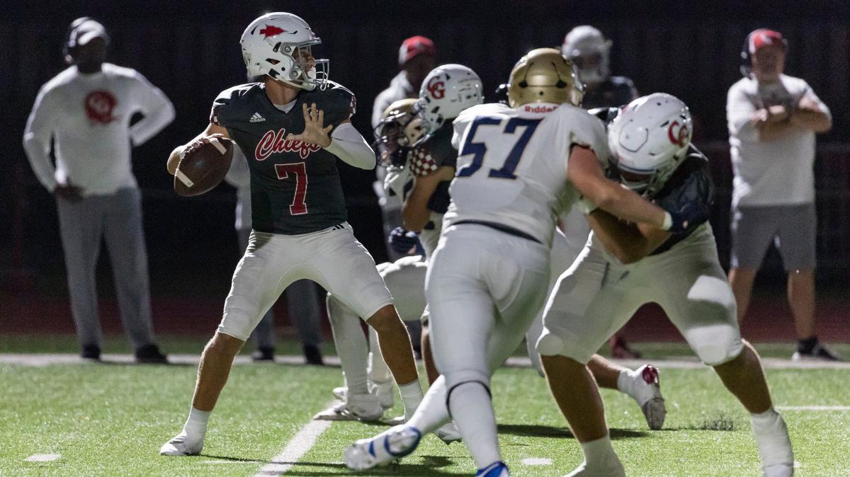 Cardinal Gibbons Chiefs quarterback Jayden Torres (7) looks to throw the ball in the first half of his high school football game against the Calvary Christian Academy Eagles at Cardinal Gibbons High School on Friday, Sept. 27, 2024, in Fort Lauderdale, Fla.