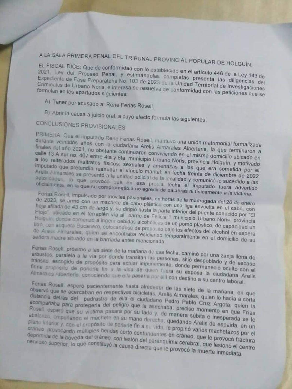 A page in the sentencing document issued by the provincial court in Holguín, Cuba, describes how René Ferias killed her ex-wife Arelis Almarales Alberteris.