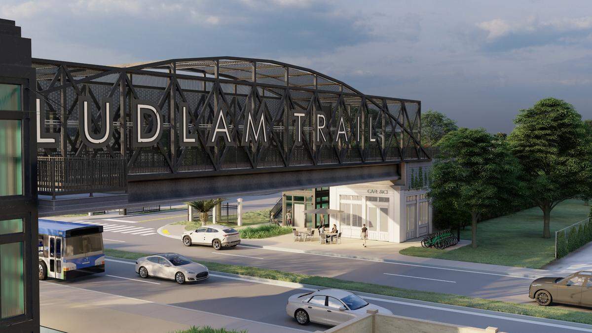 An artistic rendering shows how a planned bridge for cyclists and pedestrians over Flagler Street might look as part of the Ludlam Trail.