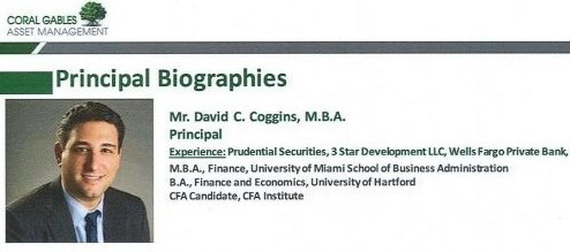 The top of David Coggins’ Coral Gables Asset Management biography that investors recall seeing in print and online at the hedge fund’s website.