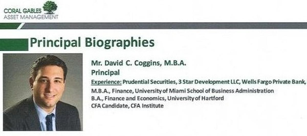 The top of David Coggins’ Coral Gables Asset Management biography that investors recall seeing in print and online at the hedge fund’s website.