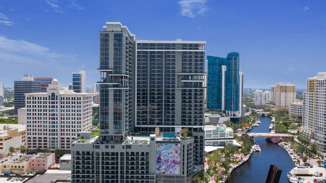 The mixed-use project Society Las Olas was completed in the spring. Above: A drone shot of the completed project.
