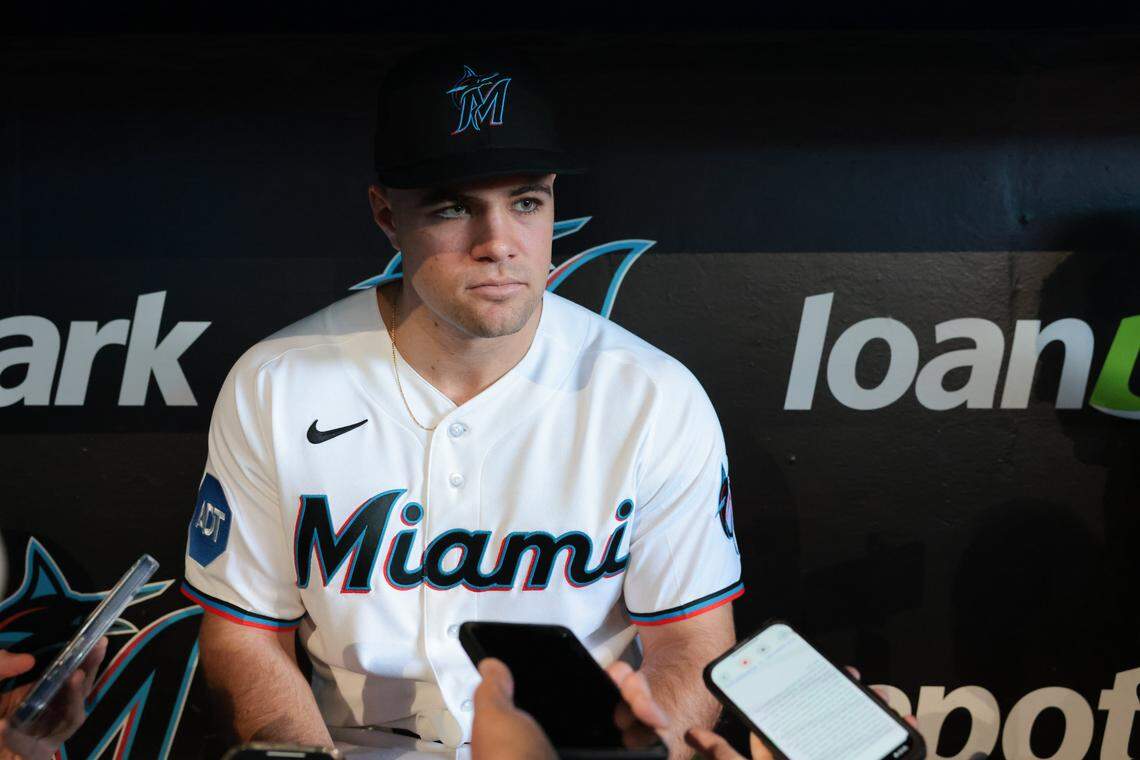 Miami Marlins center fielder Jakob Marsee (87) speaks to reporters during media day at loanDepot park on Friday, Feb. 6, 2026, in Miami, Fla.