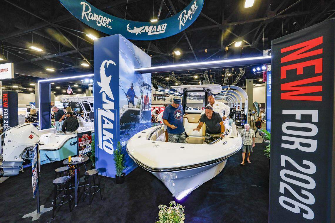 Attendees view the Mako and Ranger boats on display at the Miami Beach International Boat Show in the Miami Beach Convention Center on Miami Beach, Florida on Thursday, February 12, 2026 