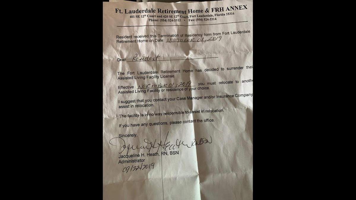 A written notice allegedly distributed to residents stating that the assisted living facility “is in no way responsible to assist in relocation.” According to an Agency for Health Care Administration spokesperson, assisted living facilities are required to help residents relocate.