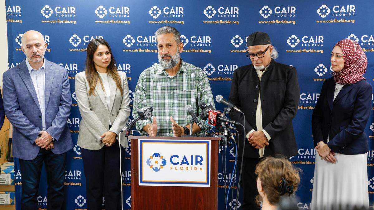 Hesam Musallet, uncle to Sayfollah Musallet, speaks to reporters about his nephew during a press conference at the CAIR-Florida Tampa Office on Monday, July 14, 2025, in Tampa.