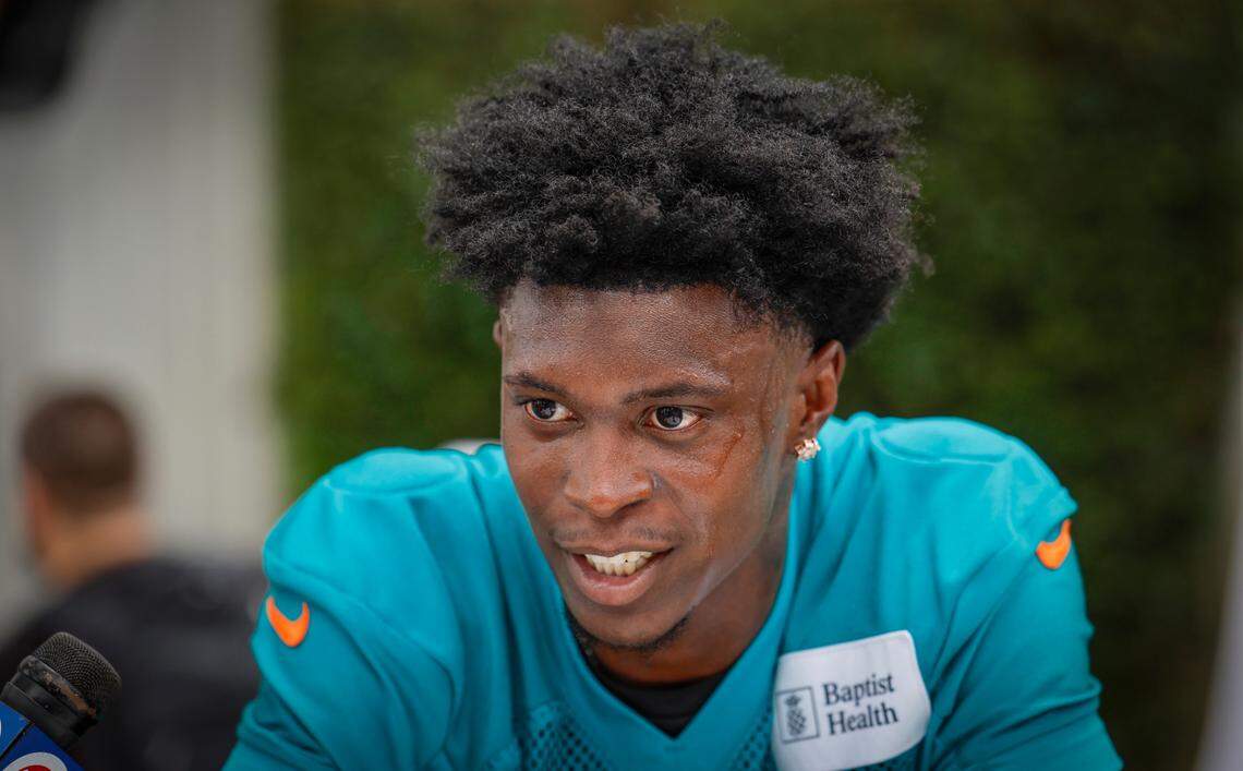 Miami Dolphins cornerback Cam Smith (24) speaks to reporters after practice at the Baptist Health Training Complex in Miami Gardens, FL on Tuesday, May 28, 2024.