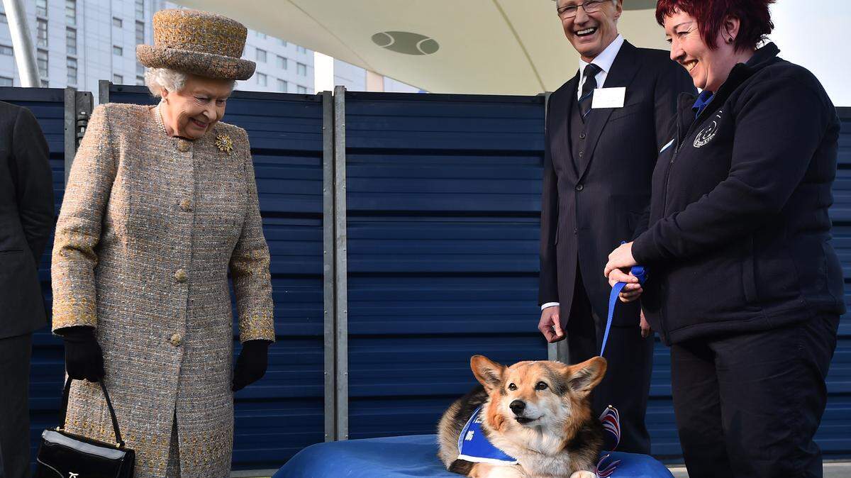 Here, the queen greets a corgi at the Battersea Dogs and Cats Home in London on March 17, 2015.