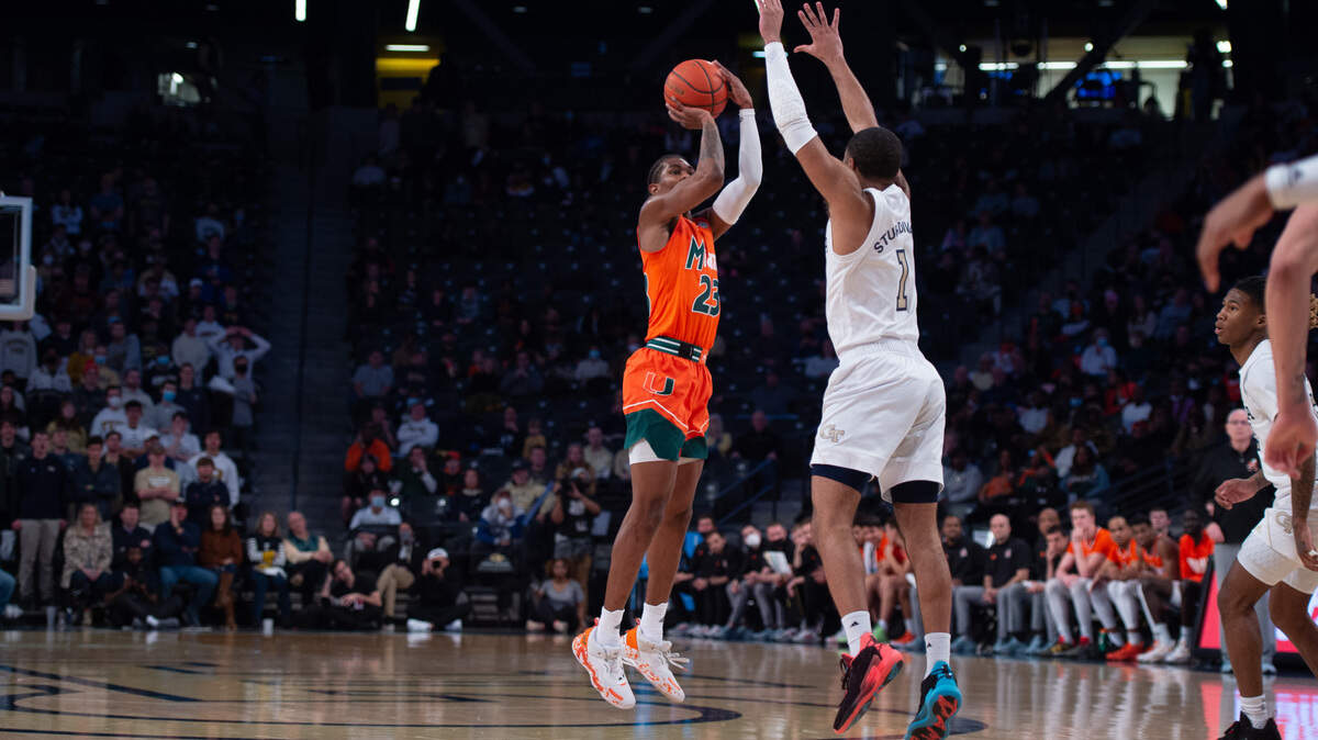 Kameron McGusty (shooting) led the Miami Hurricanes with 20 points in a 73-62 road victory against Georgia Tech on Jan. 29, 2022.