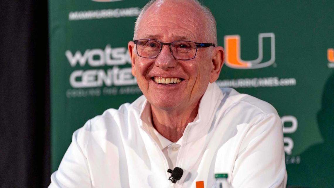 Hurricanes men’s basketball head coach Jim Larrañaga speaks to the media during a press conference announcing his retirement at the Watsco Center on Thursday, Dec. 26, 2024, in Coral Gables, Fla.